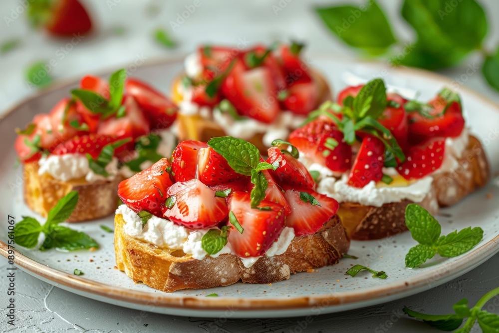 four bruschettas, each topped with creamy ricotta cheese, juicy chopped strawberries, and fresh mint leaves four bruschettas, each topped with creamy ricotta cheese, juicy chopped strawberries, and fresh mint leaves