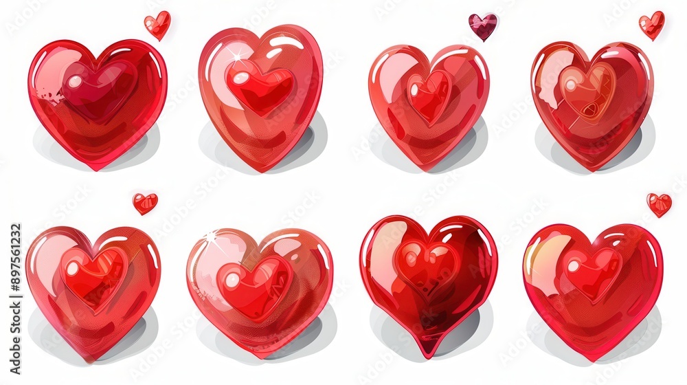 Eight red hearts in different styles, including glossy, textured, and layered. Generative AI Eight red hearts in different styles, including glossy, textured, and layered. Generative AI