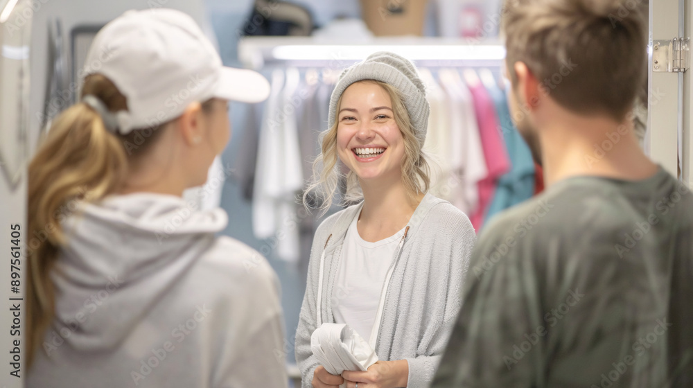 Three people are standing in a room, one of them is smiling. The girl in the middle is wearing a white shirt and a hat Three people are standing in a room, one of them is smiling. The girl in the middle is wearing a white shirt and a hat