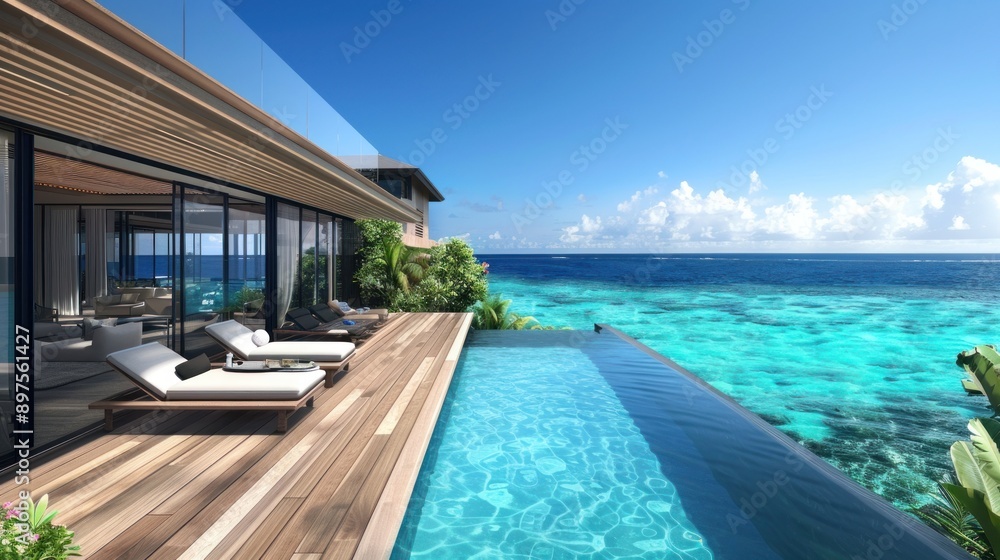 Fototapeta premium Infinity Pool Overlooking the Turquoise Ocean from a Modern Villa