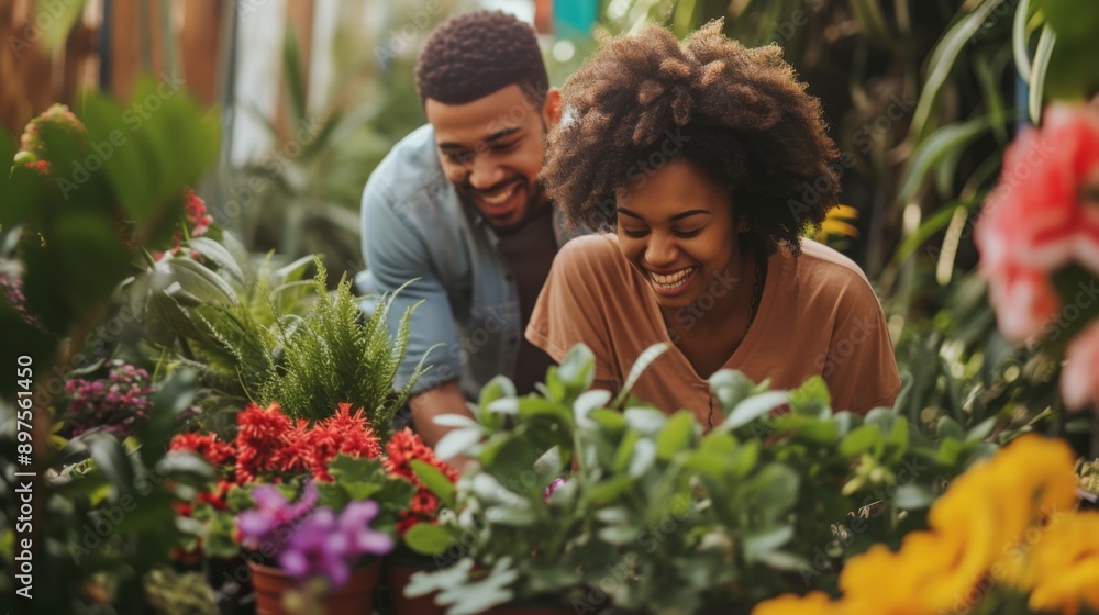 Loving couple takes care of flowers in their garden Loving couple takes care of flowers in their garden