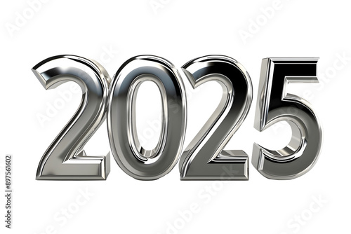 silver metallic 2025 number for New Year's celebration isolated transparent background