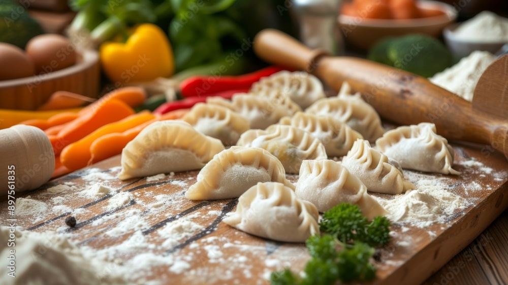 Freshly made dumplings on a wooden board Freshly made dumplings on a wooden board