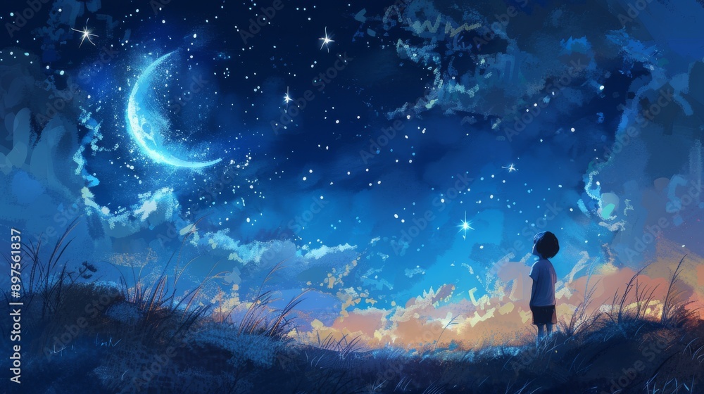 Advanced kid painting a peaceful night sky with stars Advanced kid painting a peaceful night sky with stars