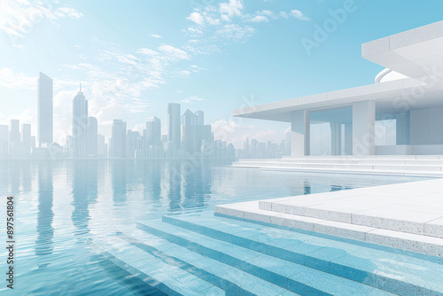 Modern buildings by the lake. The modern urban skyline is in the background.