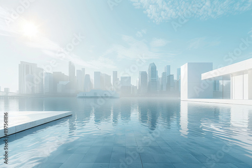 Modern buildings by the lake. The modern urban skyline is in the background.