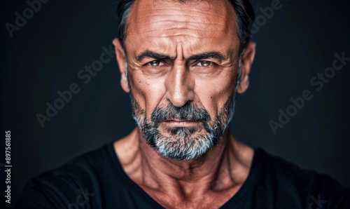 A man with a beard stares intently at the camera. AI.