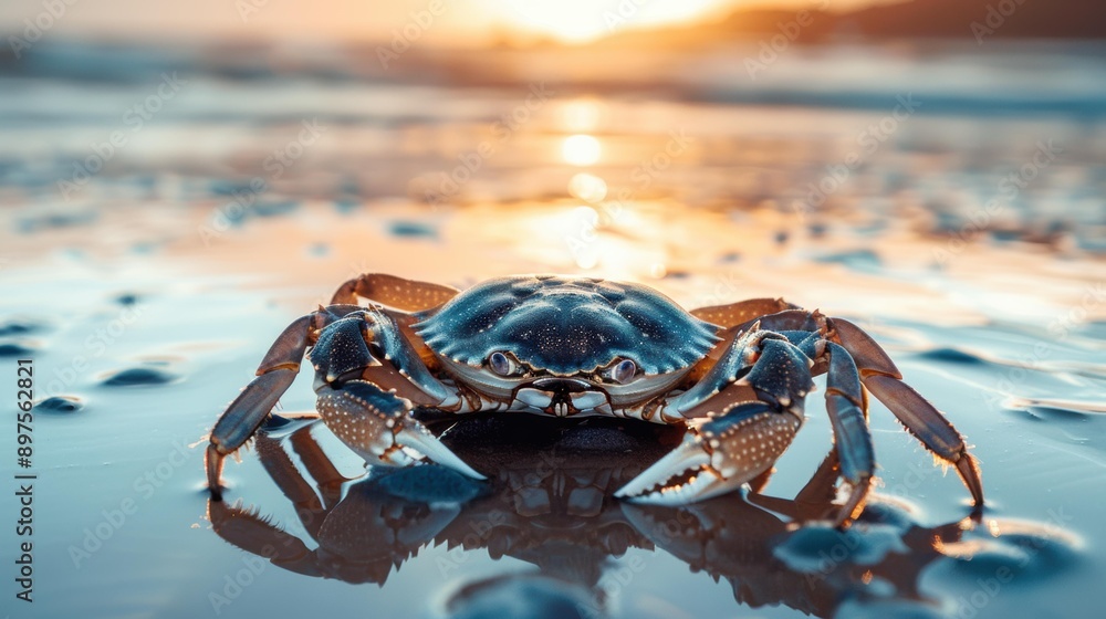A crab on the beach with its reflection in the water. AI. A crab on the beach with its reflection in the water. AI.