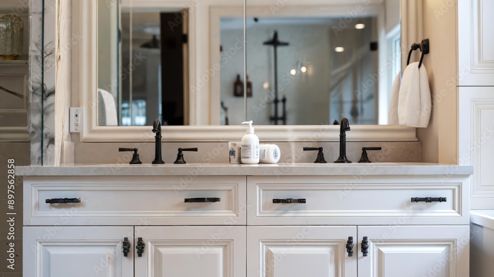 Fototapeta premium White Bathroom Vanity with Black Hardware.