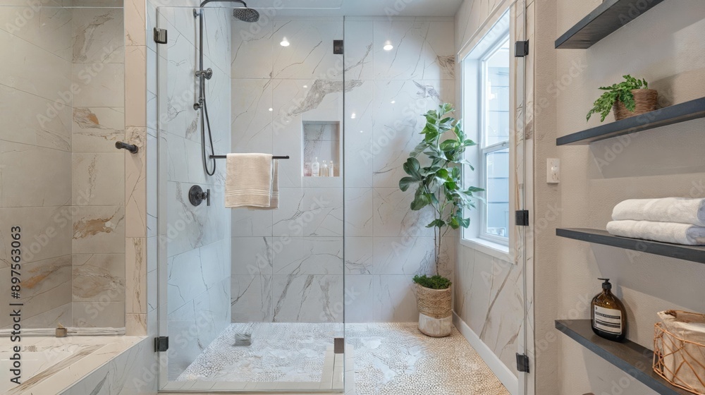 Obraz premium Modern Bathroom Shower with Marble Tiles and Pebble Floor.