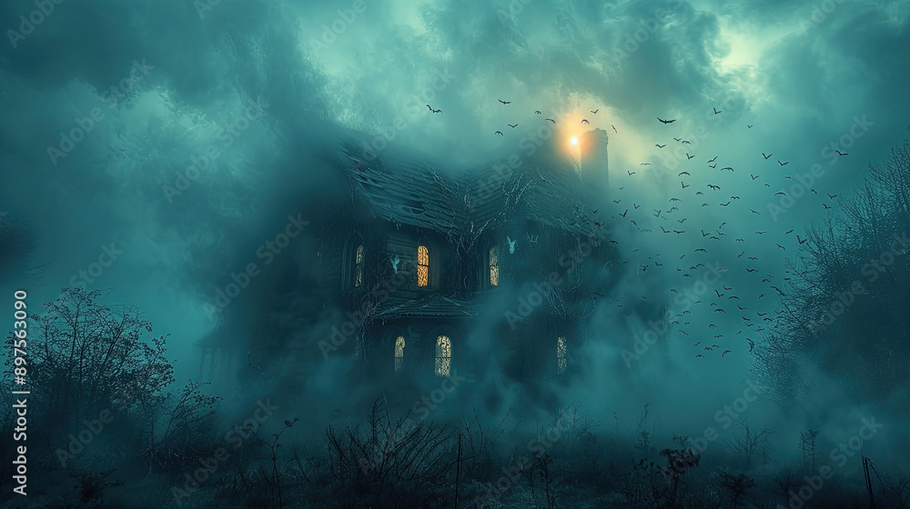 Haunted house with bats surrounded by dense fog, eerie atmosphere Haunted house with bats surrounded by dense fog, eerie atmosphere
