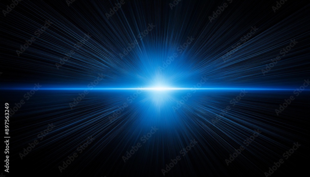 Wide angle panoramic view of a blue flare of light ray on plain black background Wide angle panoramic view of a blue flare of light ray on plain black background