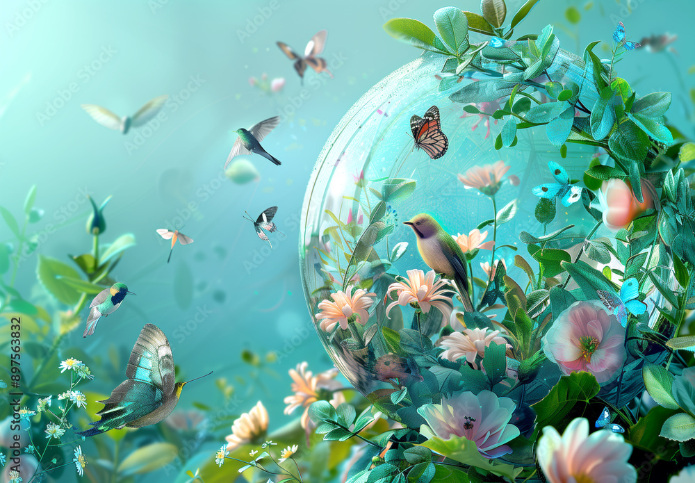 Glass sphere containing colorful flowers, birds, and butterflies against a blue sky. Generative AI. Glass sphere containing colorful flowers, birds, and butterflies against a blue sky. Generative AI.