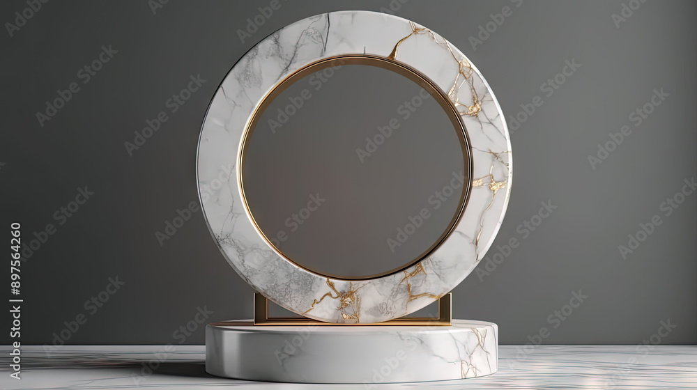 White marble pedestal with gold in the studio room, mockup stand for presentation. White marble pedestal with gold in the studio room, mockup stand for presentation.