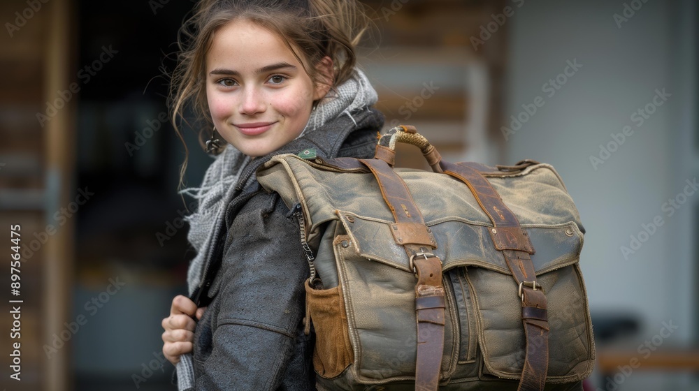 A young woman with a big smile looks back over her shoulder while wearing a leather jacket and a canvas backpack. AI. A young woman with a big smile looks back over her shoulder while wearing a leather jacket and a canvas backpack. AI.