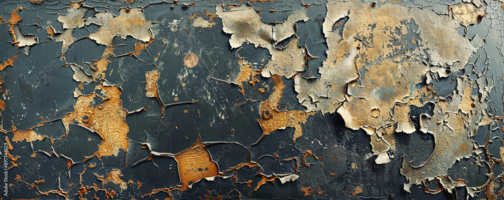 Obraz premium Aged metal surface with peeling paint and rust, highlighting the intricate patterns and weathered textures in a grunge aesthetic.