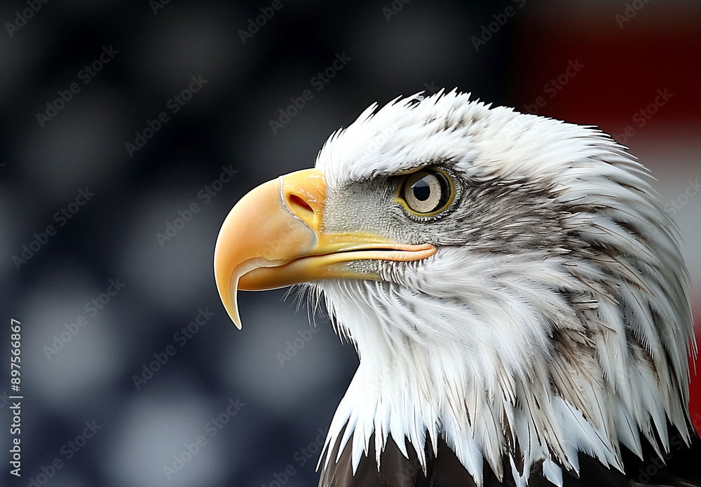 Fototapeta premium American bald eagle portrait against a waving flag. Generative AI. 