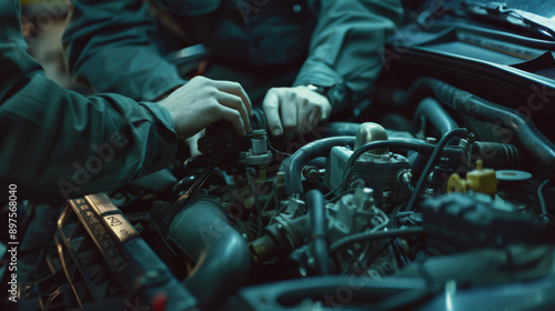 Two mechanics collaborate on engine tuning in a shaded workshop, symbolizing teamwork and dedication in the realm of auto repairs. © VK Studio