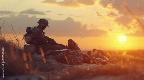 A lone soldier sits beside a fallen comrade at sunset, capturing the poignant stillness and reflection on a battlefield.