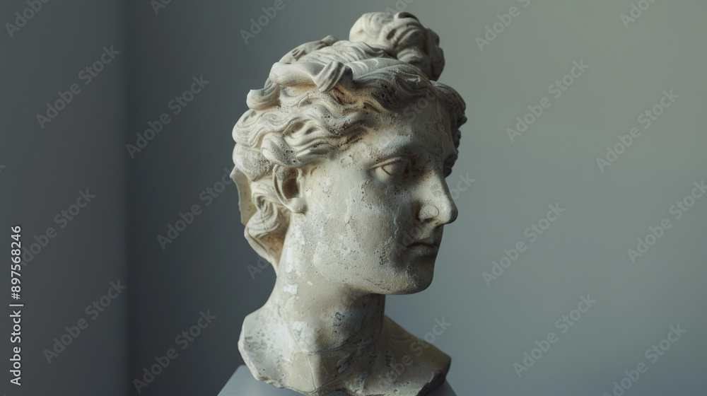 A marbled stone bust of a classical figure is displayed against a minimalist gray background, highlighting its intricate details and timeless elegance. A marbled stone bust of a classical figure is displayed against a minimalist gray background, highlighting its intricate details and timeless elegance.