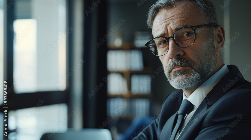 A focused man with glasses and a suit looks attentively forward in a modern office, exuding professionalism and wisdom. A focused man with glasses and a suit looks attentively forward in a modern office, exuding professionalism and wisdom.