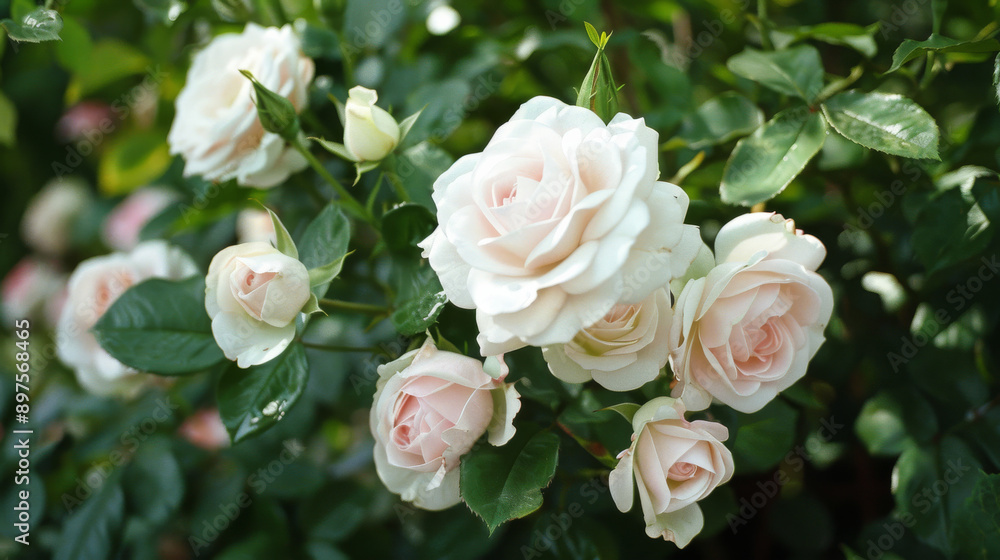 Soft white roses in full bloom radiate elegance and purity, surrounded by lush green leaves, embodying a timeless beauty. Soft white roses in full bloom radiate elegance and purity, surrounded by lush green leaves, embodying a timeless beauty.