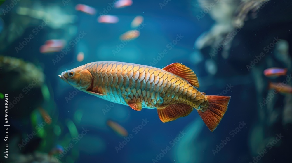 Young red arowana swimming in blue tank Young red arowana swimming in blue tank