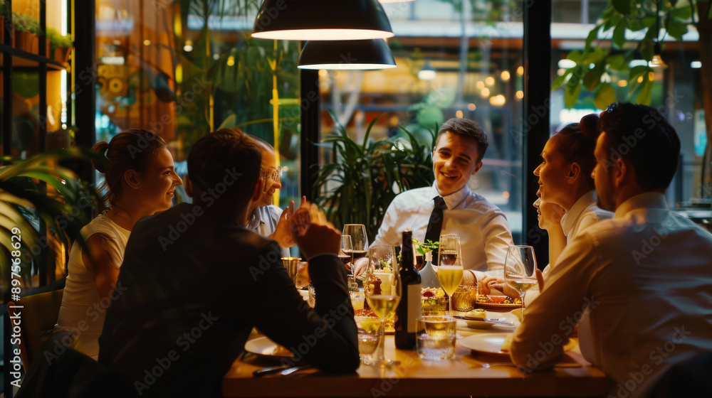 A group of colleagues laughs and shares a meal in a warmly lit restaurant, enjoying a casual evening out together. A group of colleagues laughs and shares a meal in a warmly lit restaurant, enjoying a casual evening out together.