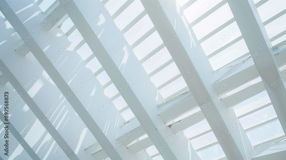 Fototapeta premium Light filters through a modern latticework roof, casting intricate patterns and enhancing the airy, spacious feel of the architectural space.