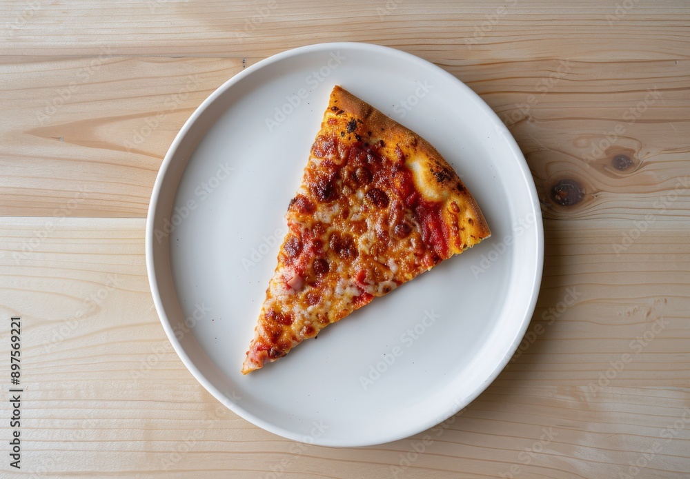 A slice of pizza on an all-white plate, placed in the center of a light wooden table A slice of pizza on an all-white plate, placed in the center of a light wooden table
