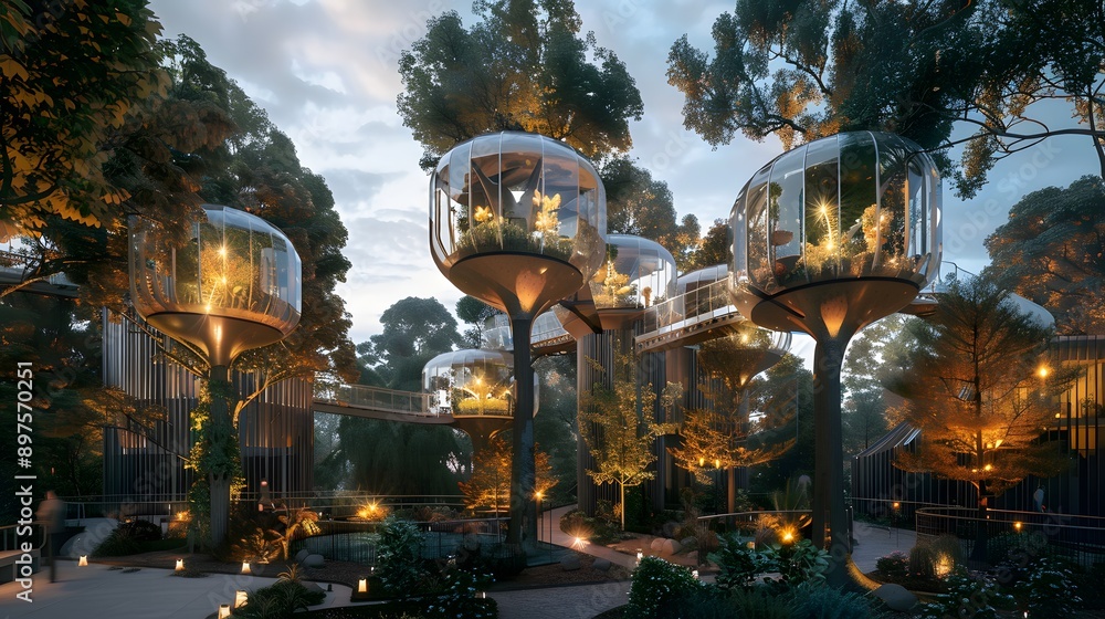 Obraz premium Futuristic Treehouse Resort with Glass Pods and Walkways
