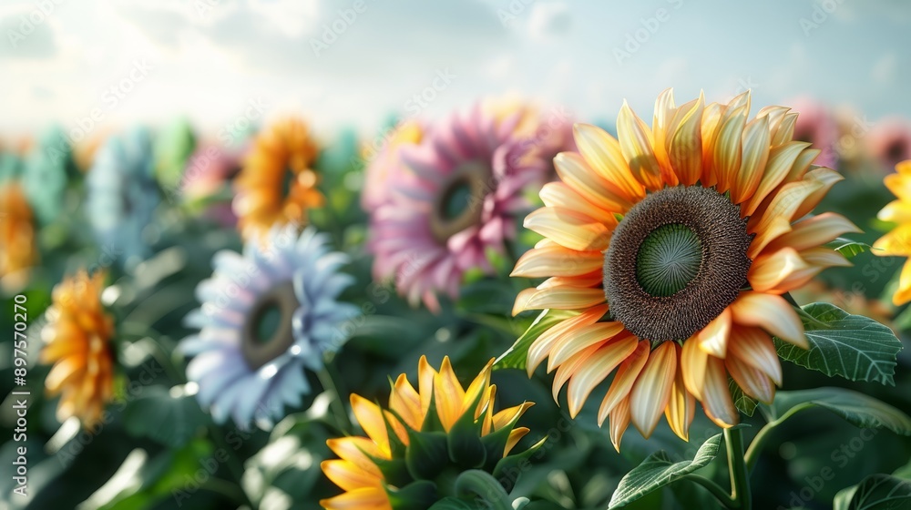 Fototapeta premium A field of delicate, glowing sunflowers, each bloom showing a spectrum of colors, with copy space, high-resolution photo, realistic photo, hyper realistic