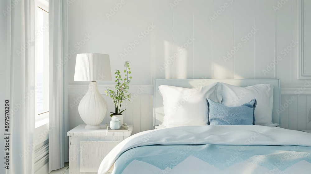 A serene minimalist bedroom with soft sunlight, featuring a comfy bed with white and blue accents, a bedside table, and a white lamp. A serene minimalist bedroom with soft sunlight, featuring a comfy bed with white and blue accents, a bedside table, and a white lamp.