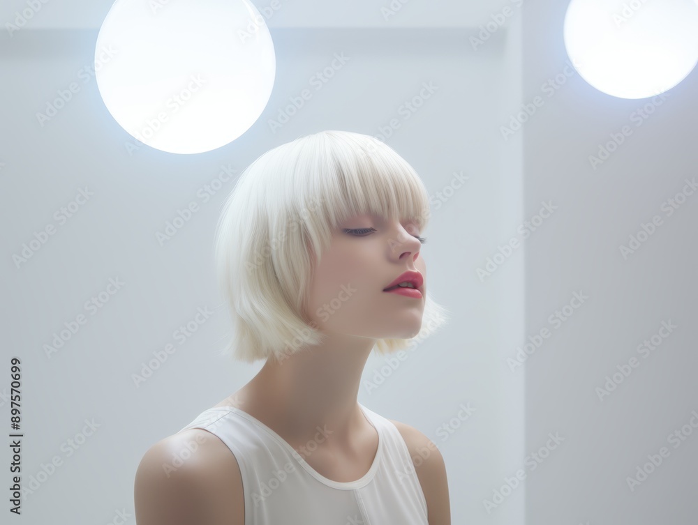close up face portrait of young pretty white hair woman close her eyes with light bright on flawless skin, beauty cosmetic or skincare fashion portrait with copy space close up face portrait of young pretty white hair woman close her eyes with light bright on flawless skin, beauty cosmetic or skincare fashion portrait with copy space