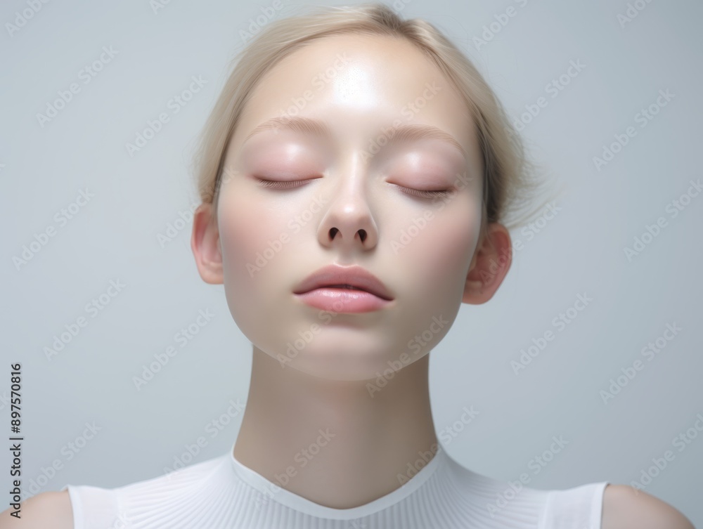 Φωτογραφία close up face portrait of young pretty white hair woman close her eyes with ligh