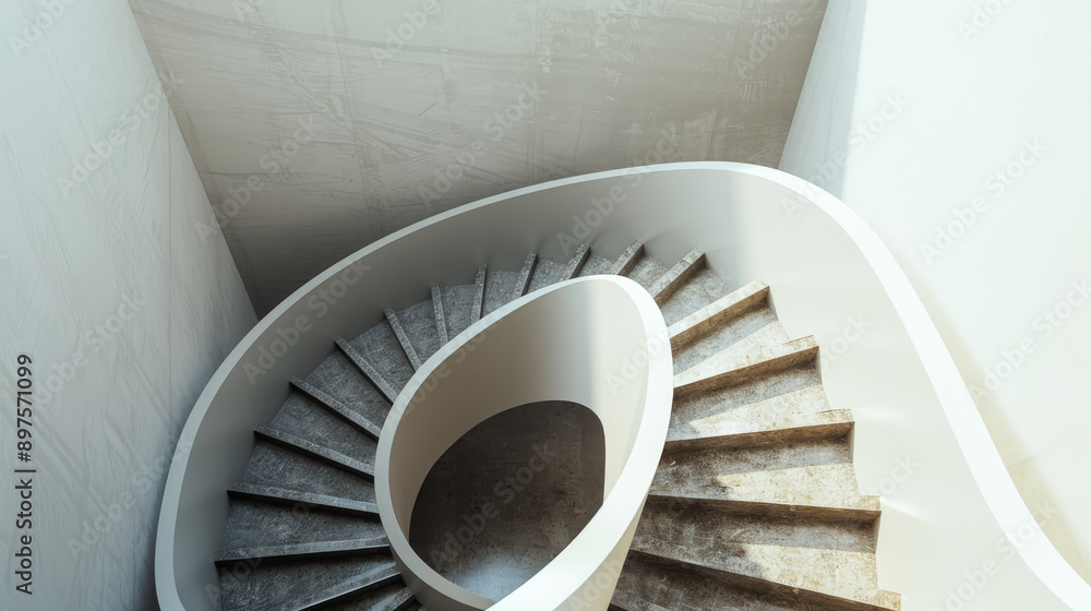Fototapeta premium An elegant spiral staircase made of smooth, white stone showcases a harmonious, flowing design, accentuated by the play of light and shadow.