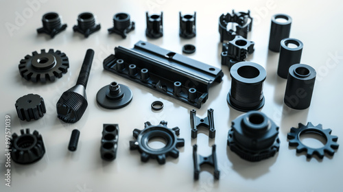 Various black metal engineering parts arranged neatly on a reflective white background, highlighting precision and modern technology.