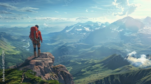 Backpack-clad traveler standing atop a mountain, overlooking a panoramic vista in the late afternoon photo