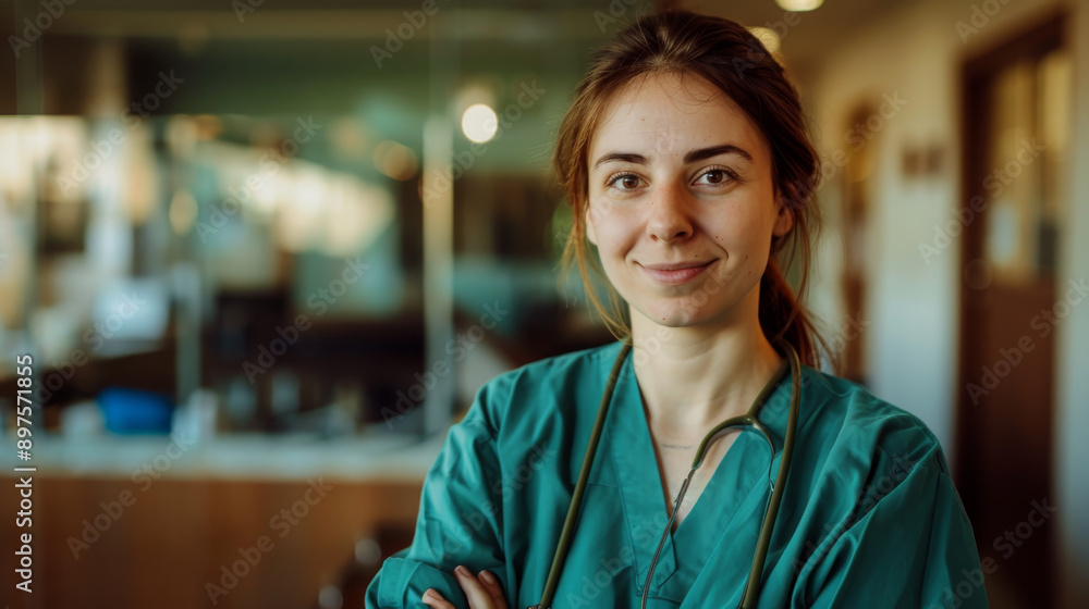 A nurse in green scrubs smiles warmly with arms crossed, radiating confidence and compassion in a hospital setting. A nurse in green scrubs smiles warmly with arms crossed, radiating confidence and compassion in a hospital setting.