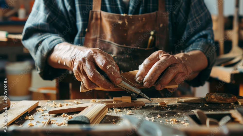 A skilled craftsman intently shapes a piece of wood, his hands steady and precise amidst a cluttered workbench, showcasing dedication and craftsmanship. A skilled craftsman intently shapes a piece of wood, his hands steady and precise amidst a cluttered workbench, showcasing dedication and craftsmanship.