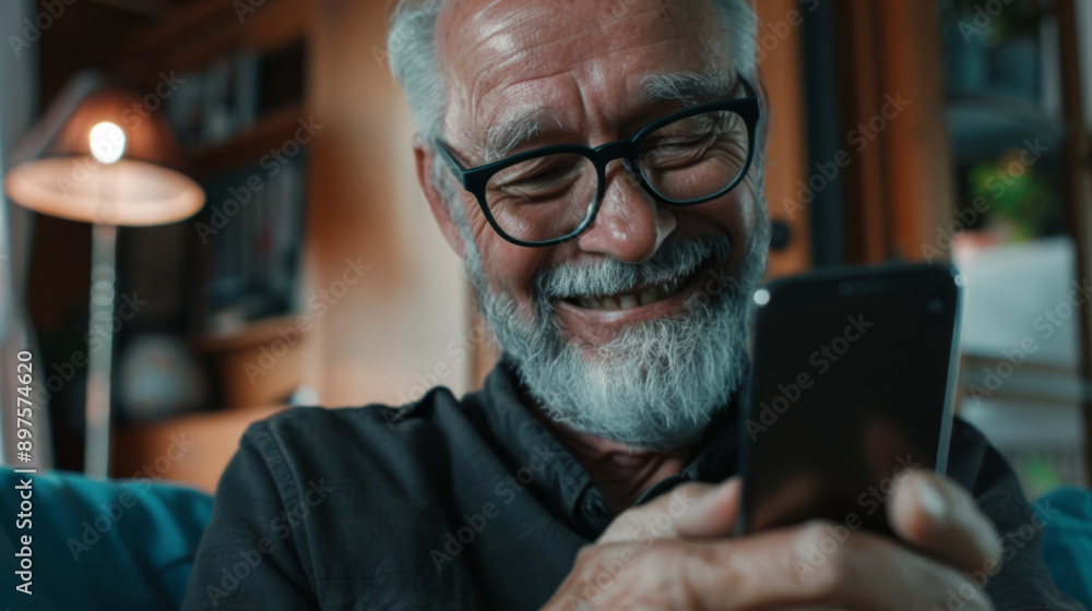 An older man with glasses holds a smartphone, smiling warmly, in a cozy, warmly lit room filled with books and memories. An older man with glasses holds a smartphone, smiling warmly, in a cozy, warmly lit room filled with books and memories.