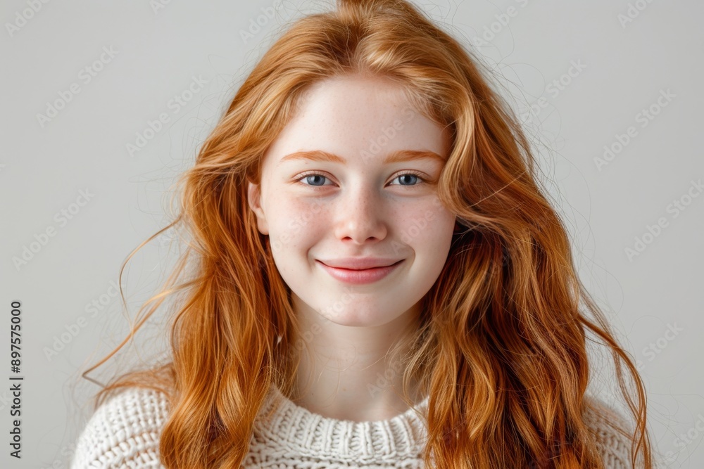 Fresh and natural portrait of a young woman with red hair and a white sweater, exuding warmth and simplicity in a cozy setting. Fresh and natural portrait of a young woman with red hair and a white sweater, exuding warmth and simplicity in a cozy setting.