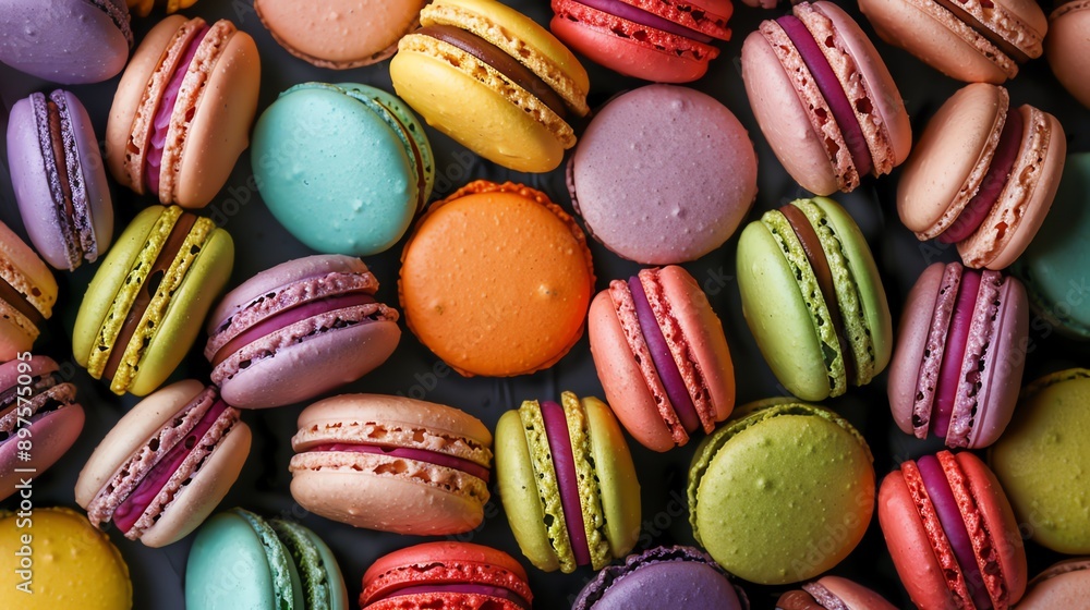 Colorful macarons on a black background. Top view. Colorful macarons on a black background. Top view.