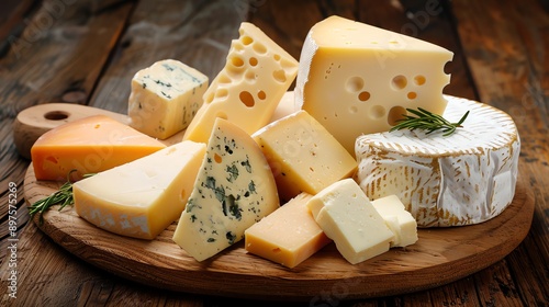 A variety of cheeses on a wooden board. The cheeses are of different types, including hard, soft, and blue cheeses.
