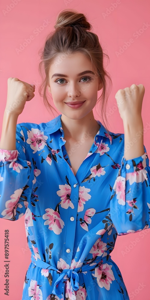 Photo portrait of lovely young lady winning raise fists dressed stylish blue flower print garment isolated on pink color background Photo portrait of lovely young lady winning raise fists dressed stylish blue flower print garment isolated on pink color background
