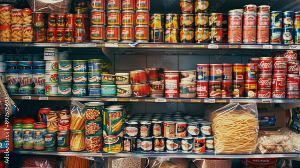 Obraz premium A shelf stacked with various canned goods showcasing a colorful variety of preserved foods.
