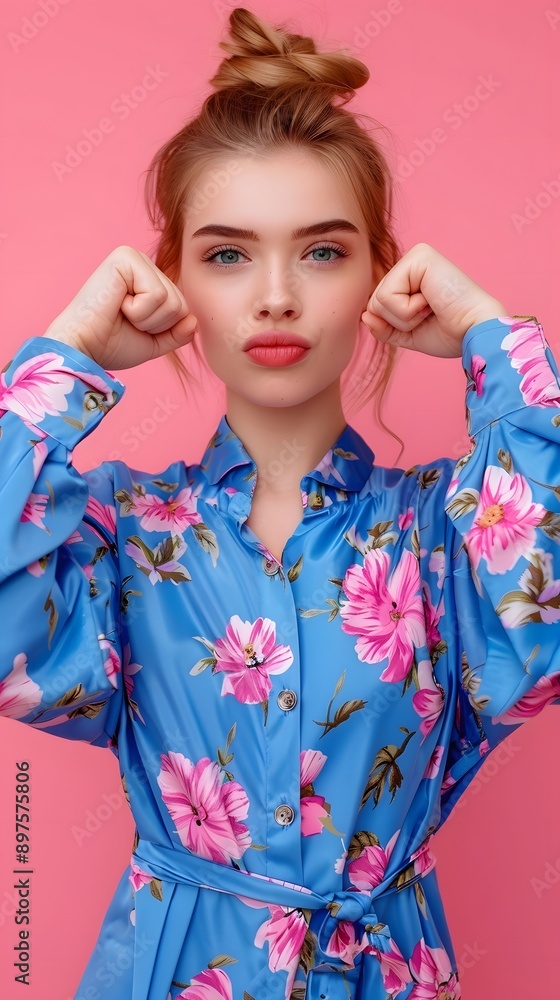 Photo portrait of lovely young lady winning raise fists dressed stylish blue flower print garment isolated on pink color background Photo portrait of lovely young lady winning raise fists dressed stylish blue flower print garment isolated on pink color background