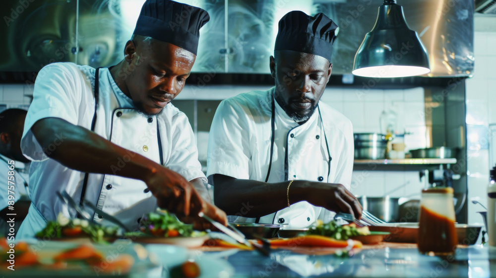 Fototapeta premium Two chefs work side by side in the kitchen, meticulously focusing on their craft, demonstrating mastery and passion for culinary art with their precise movements.