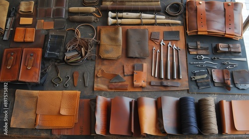 Top view of leather goods and tools on a wooden table. photo