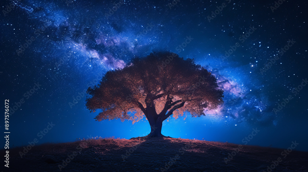 Solitary tree illuminated under starry sky with Solitary tree illuminated under starry sky with